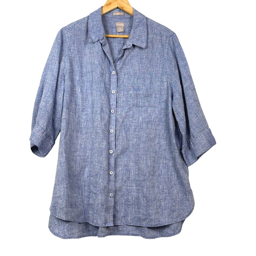 Chico's No Iron ¾ Sleeve 100% Linen Button Down Tunic Shirt 3P XLP Blue Office